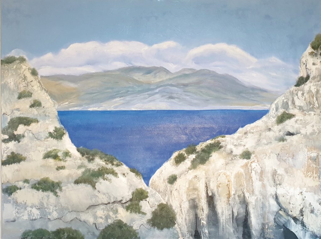 Fels und Meer in Griechenland, Ölfarbe und Struktur aus Sand, Leim, Kleister und Papier, Daniela A. Weißmann
