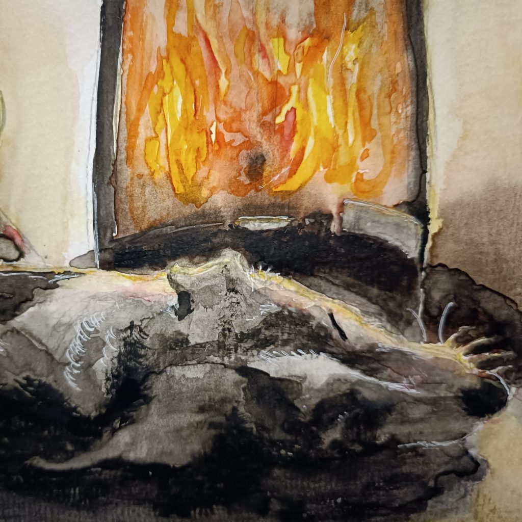 Eindösebild mit Hund und Ofenfeuer- Doze picture with dog and oven fire