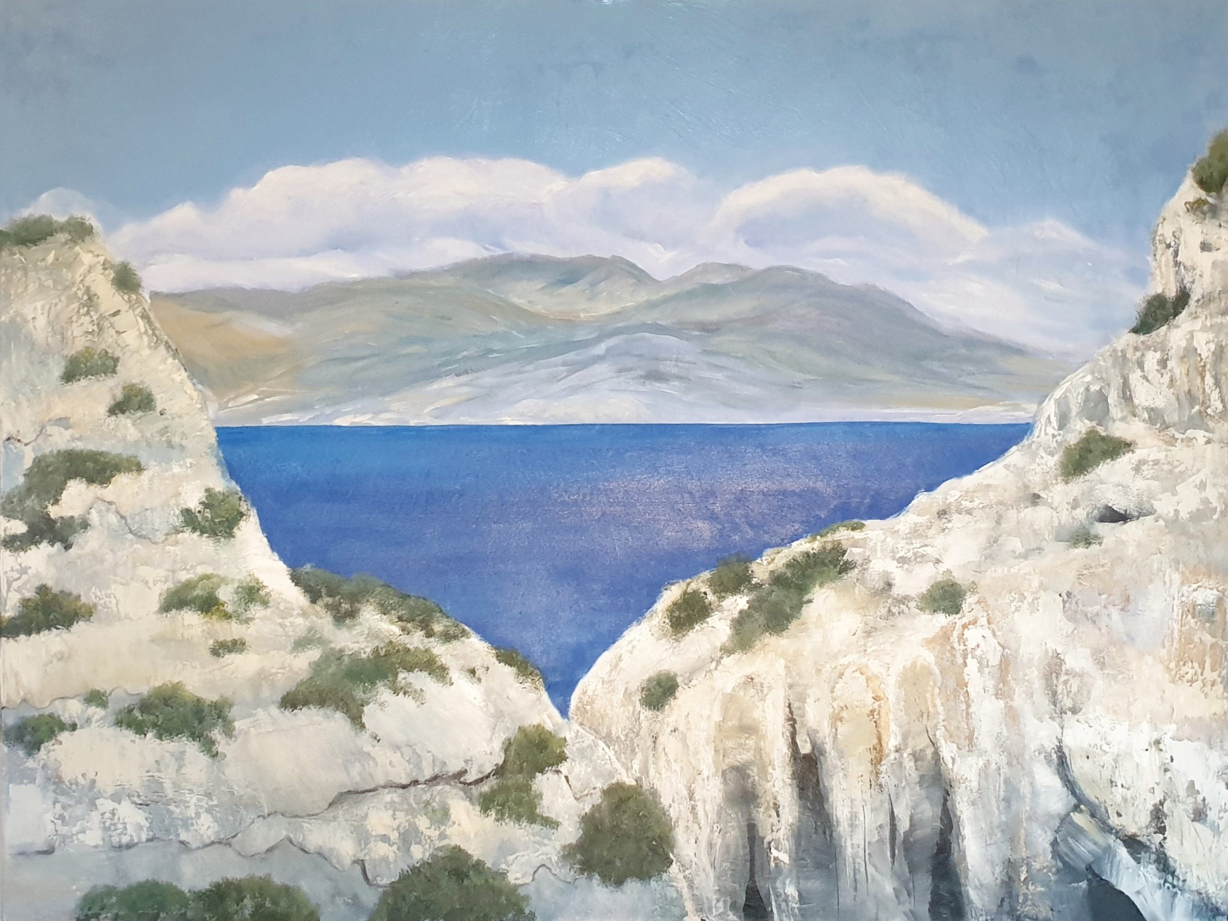Fels und Meer in Griechenland, Ölfarbe und Struktur aus Sand, Leim, Kleister und Papier, Daniela A. Weißmann