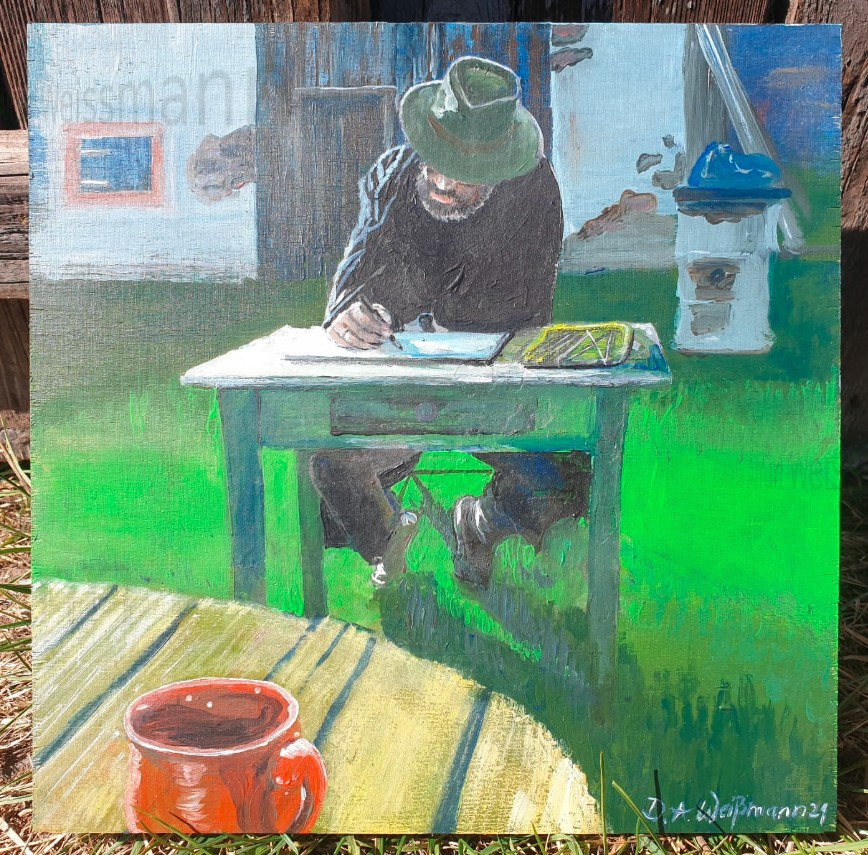 "Pappa zeichnet in unserem Garten in der Eifel", Acryl und Stifte auf Holz, Quadrat ca. 25 x 25 cm, Daniela Alrun Weißmann