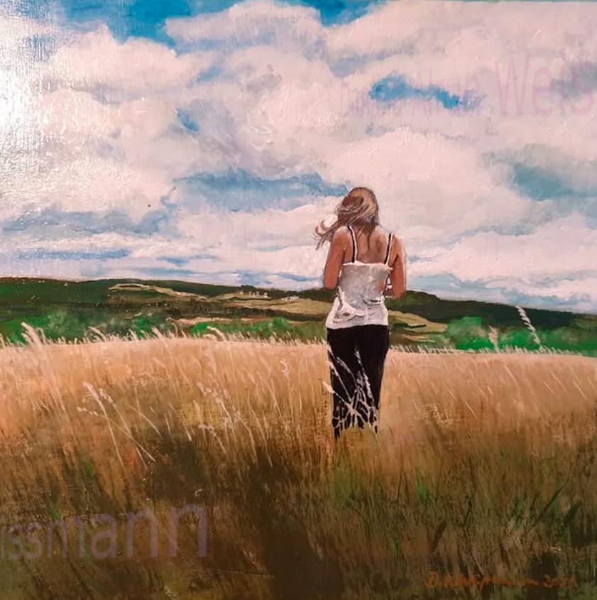 EIFEL: Ramona besucht mich in Feuerscheid, kleines Holzquadrat, Acrylmalerei, ca. 25 x 25 cm