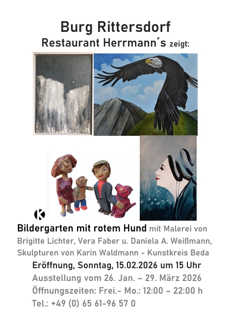 Rittersdorfer Ausstellung "Bildergarten mit rotem Hund", 26. Januar bis 29. Maerz 2026